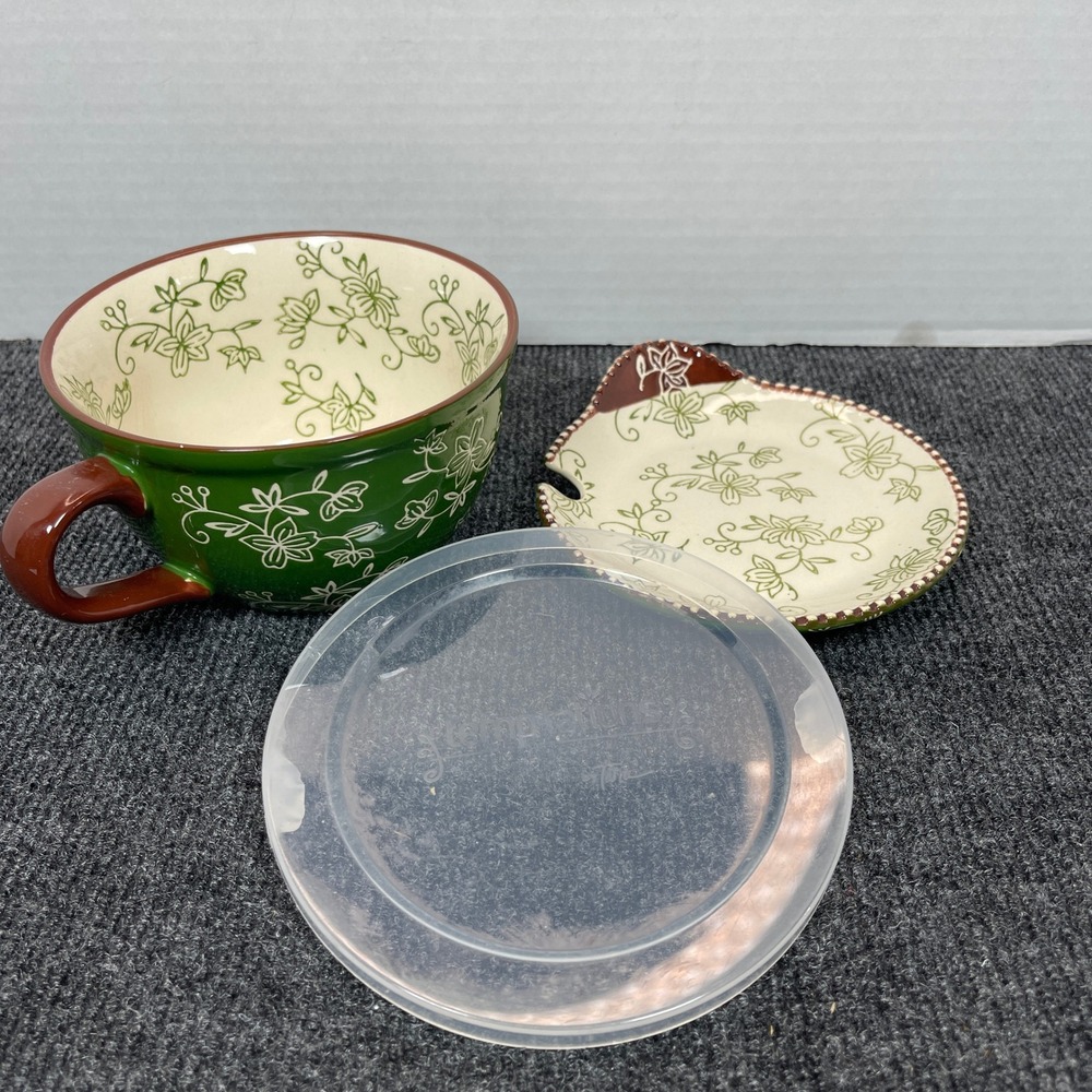 Temp-tations Floral Lace Soup Mug Set 24oz Green Brown Cottagecore Rustic